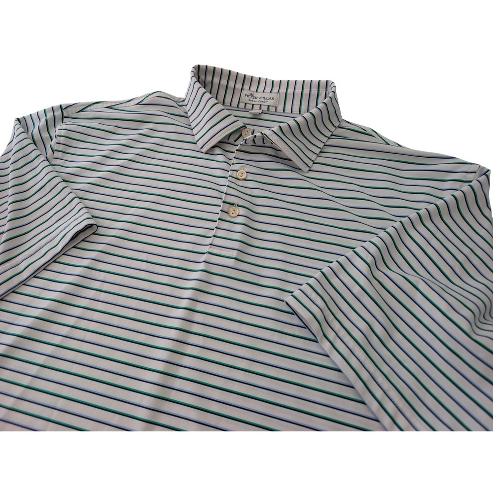 Peter Millar Summer Comfort Mens Large Polo Shirt Striped White Blue Green Golf